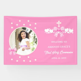 Primeira Comunhão de Menina Laço Xadrez Rosa Foto