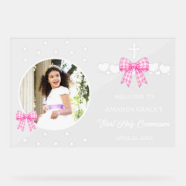 Primeira Comunhão de Menina Laço Xadrez Rosa Foto