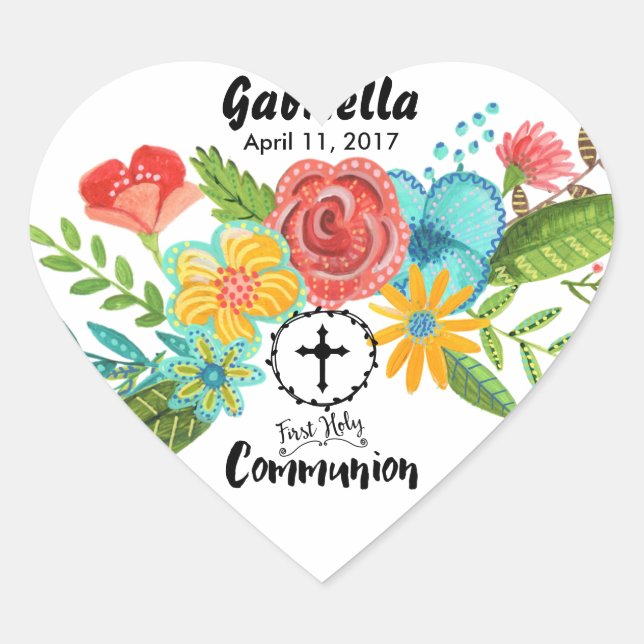 Primeira Comunhão Flor | Adesivo de Coração (Frente)