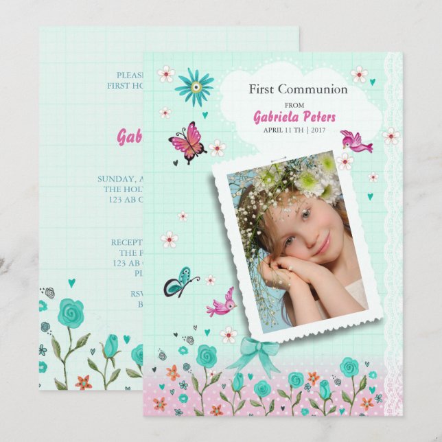 Primeira Comunhão Floral | Convites de Foto (Frente/Verso)