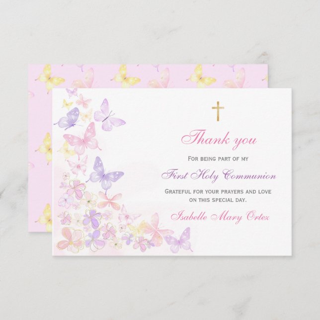Primeira Comunhão Menina Borboleta Rosa Obrigada (Frente/Verso)