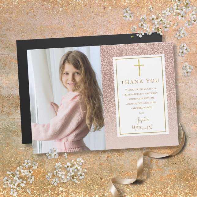 Primeira Comunhão Rosa Dourado Brilho Foto Agradec (First Communion Rose Gold Glitter Photo Thank You)