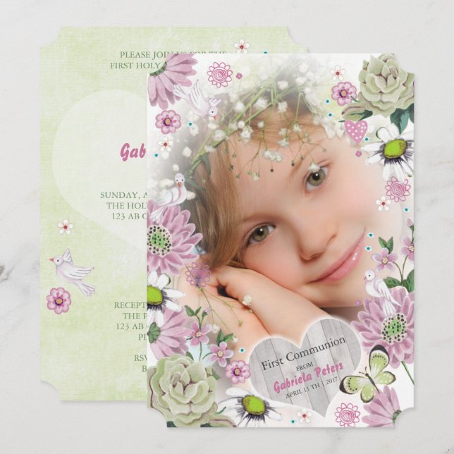 Primeira Comunhão Sagrada Floral | Convites para F (Frente/Verso)