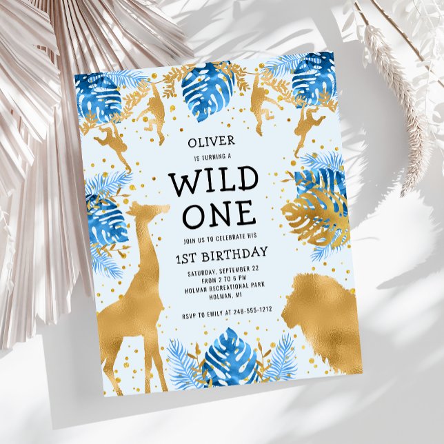 Primeiro aniversario Azul Dourado Safari Convite (Criador carregado)