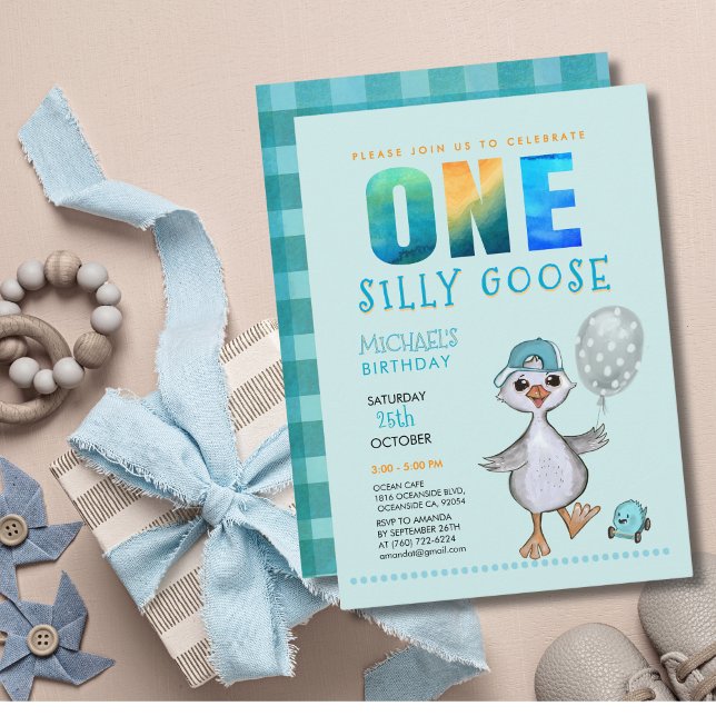Primeiro aniversario Bobo   Azul Convite Xadrez (Boy Silly Goose 1st Birthday Blue Plaid Invitation)