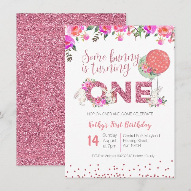 Primeiro aniversario Cony Floral Convite Rosa Bril (Frente/Verso)