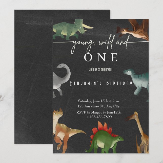 Primeiro aniversario de convite para um dinossauro (Frente/Verso)