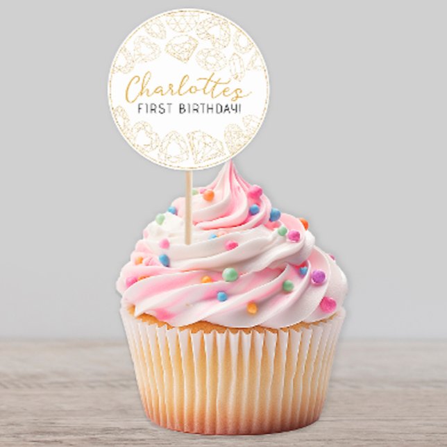 Primeiro Aniversário do Gem Dourado - Autocolantes (gold glitter gem birthday party sticker)