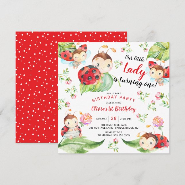 Primeiro aniversario Lady Ladybug Adorável Convite (Frente/Verso)