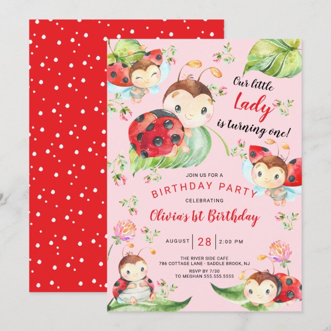 Primeiro aniversario Lady Ladybug Adorável Convite (Frente/Verso)