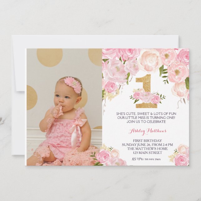 primeiro aniversario PRIMEIRO Belo Convite Floral, (Frente)