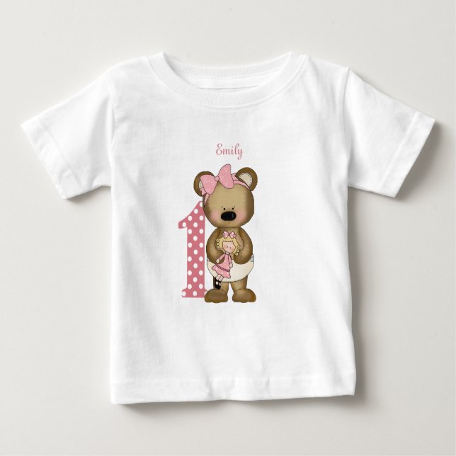 Primeiro Aniversário Rapariga de Teddy com T-Shirt (Frente)