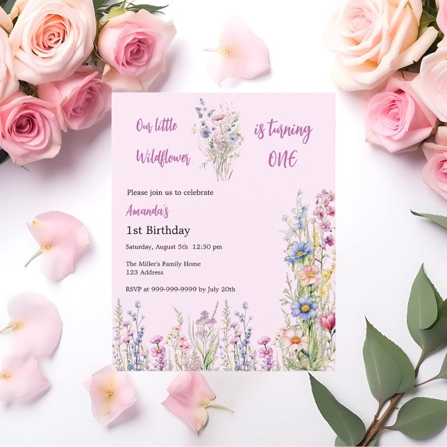 Primeiro aniversario rosa de flor selvagem convite (Criador carregado)