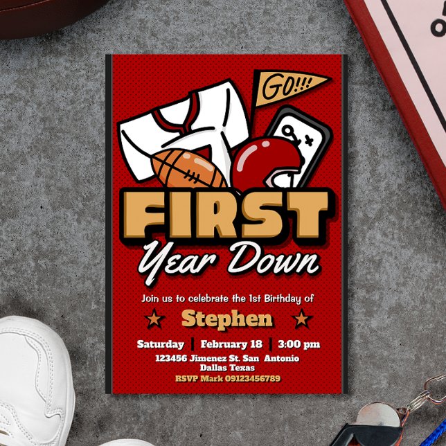 Primeiro Ano Derrubado - Convite de Futebol para 1 (First Year Down - 1st Birthday Football Invitation)