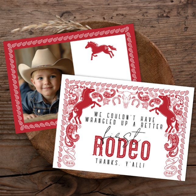 Primeiro Cartões de agradecimentos de Aniversário  (Red 1st Rodeo Birthday Party Thank You Card)