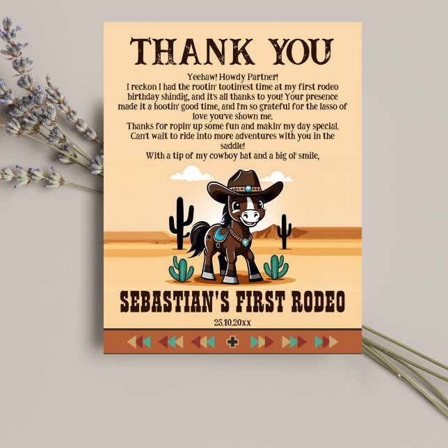 Primeiro cartões de agradecimentos de festa de ani (First rodeo birthday party thank you cards cute cowboy horse wild west themed birthday thank you)
