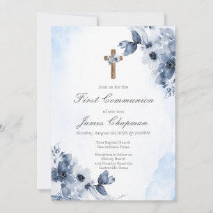 Primeiro convite da comunhão azul-floral