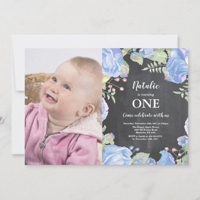 Primeiro Convite de Aniversário de 1 ano Floral Az (Frente)