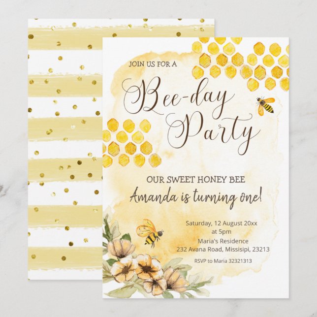 Primeiro Convite de aniversário de abelhas (Frente/Verso)