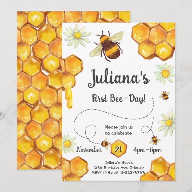 Primeiro Convite de aniversário de Bee Day (Frente/Verso)