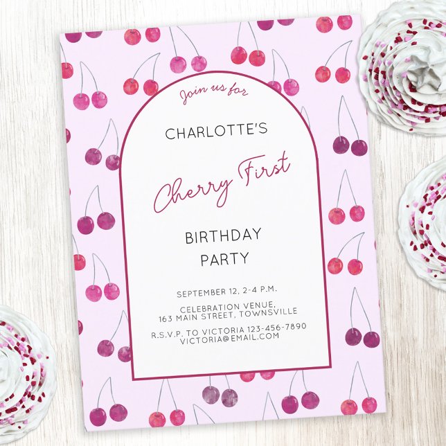 Primeiro Convite de aniversário de Cherry Pink (Pink watercolor cherries Cherry First birthday party invitation with custom text)
