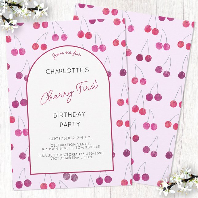 Primeiro Convite de aniversário de Cherry Pink (Watercolor cherry first birthday party invitation with custom text)