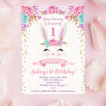 Primeiro convite de aniversário de coelhinhos cor-
