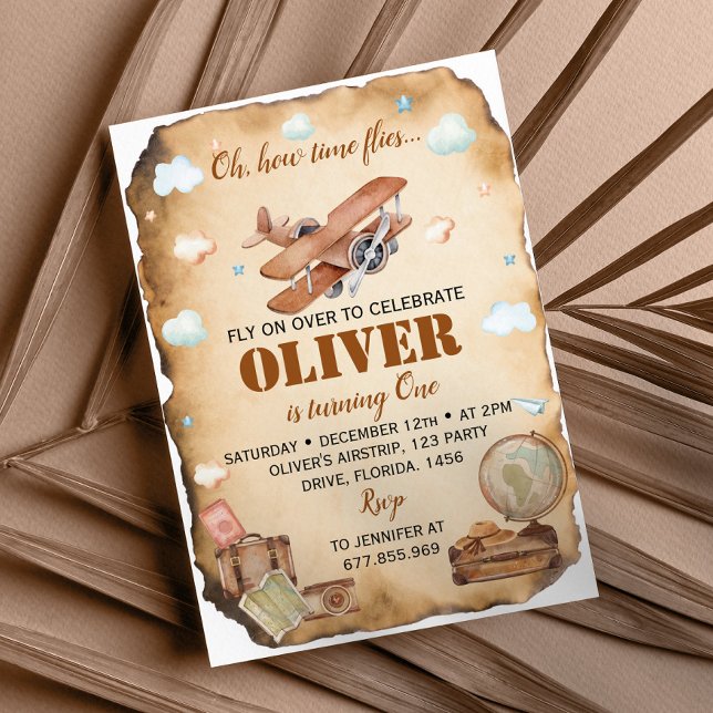 Primeiro Convite de Aniversário do Avião Vintage (Criador carregado)