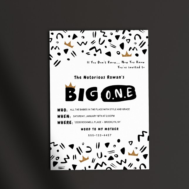 Primeiro convite de Aniversário do BIG One (Big one Birthday invitation, custom Notorious ONE 90's pattern invitation shown on dark background)
