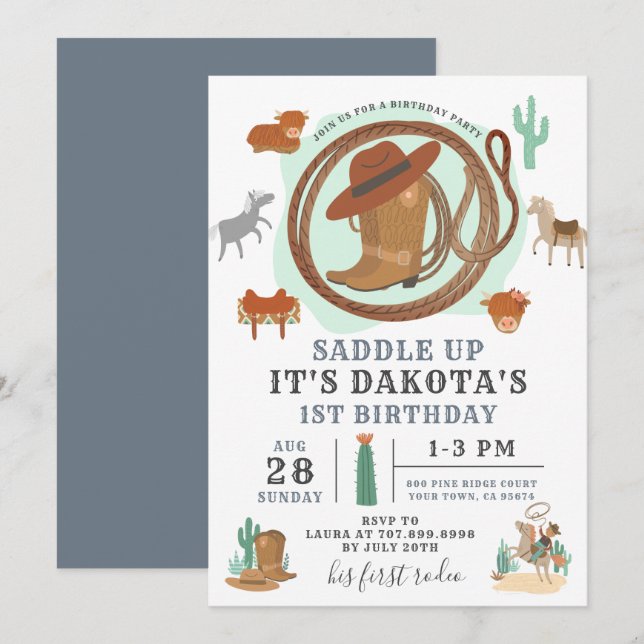 Primeiro Convite de Aniversário do Cowboy (Frente/Verso)