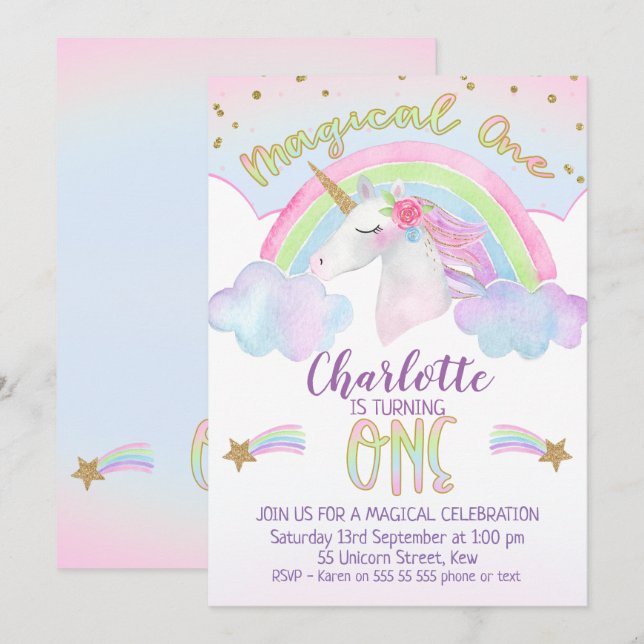 Primeiro Convite de Aniversário do Unicorn Rainbow (Frente/Verso)