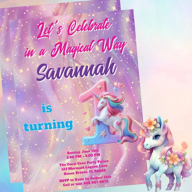 Primeiro Convite de Aniversário do Unicórnio Púrpu (Magical Unicorn Birthday Party Invitation)