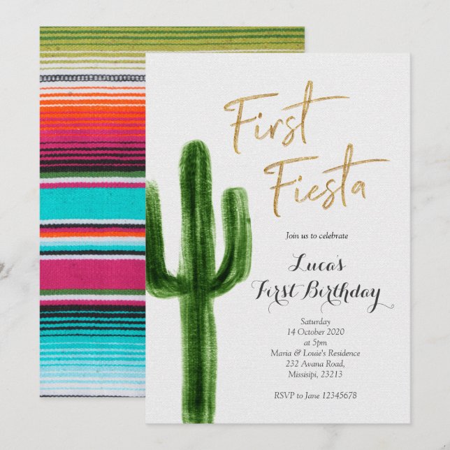 Primeiro Convite de Aniversário Fiesta Cactus (Frente/Verso)