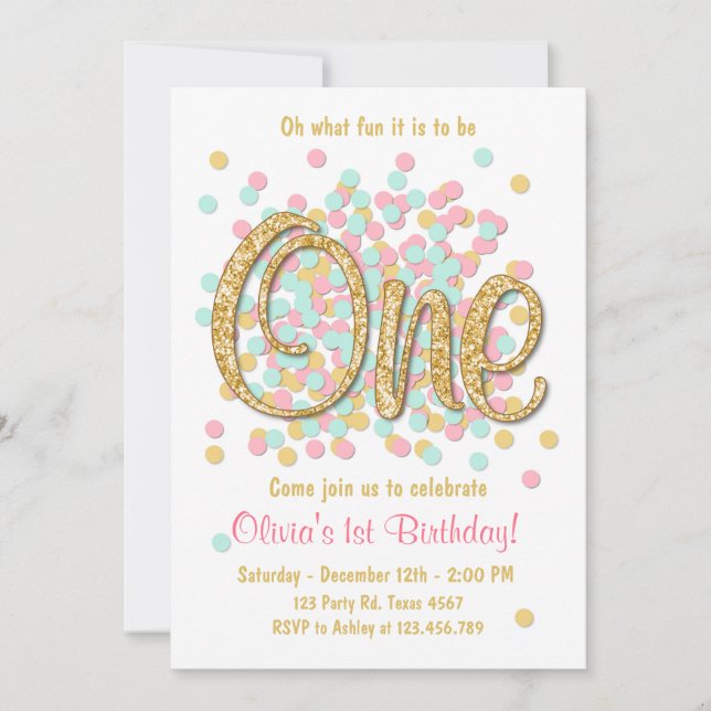 Primeiro convite de aniversário Menina Rosa Dourad (Frente)