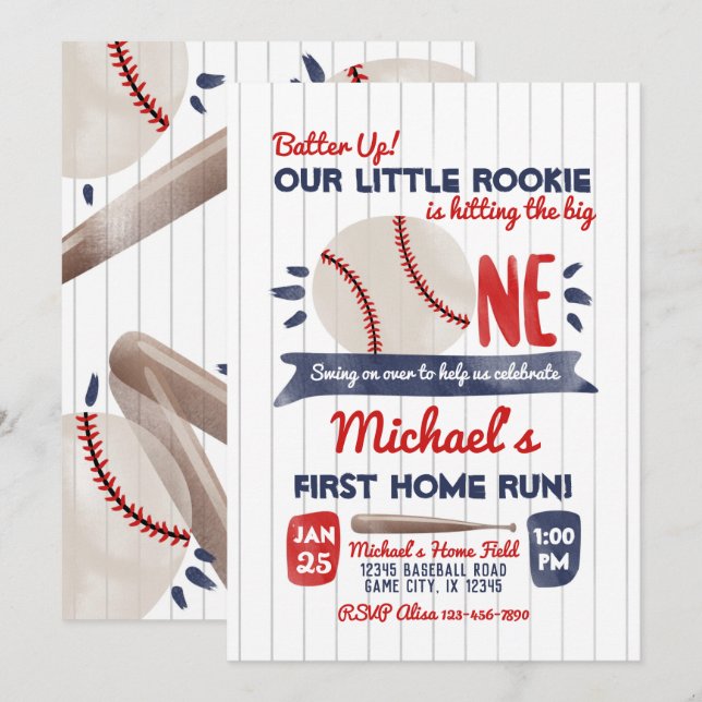 Primeiro Convite de aniversário para beisebol (Frente/Verso)