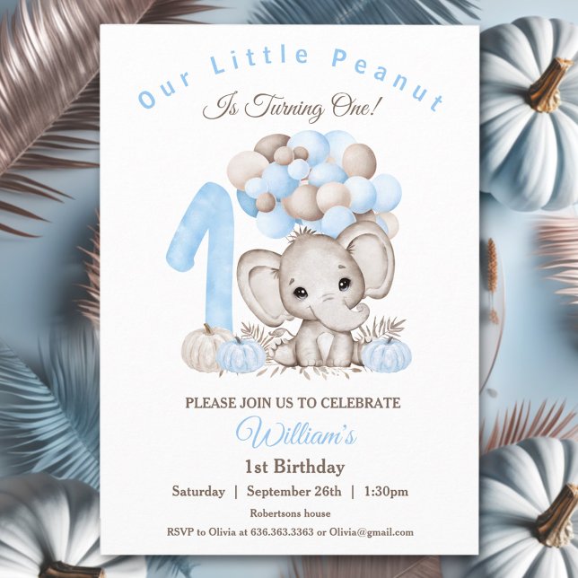 Primeiro Convite de Aniversário para Menino de Ele (First Birthday Cute Elephant Fall Boy Invitation)