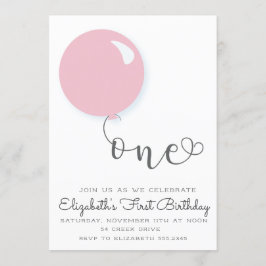 Primeiro Convite de Balão Rosa de Aniversário