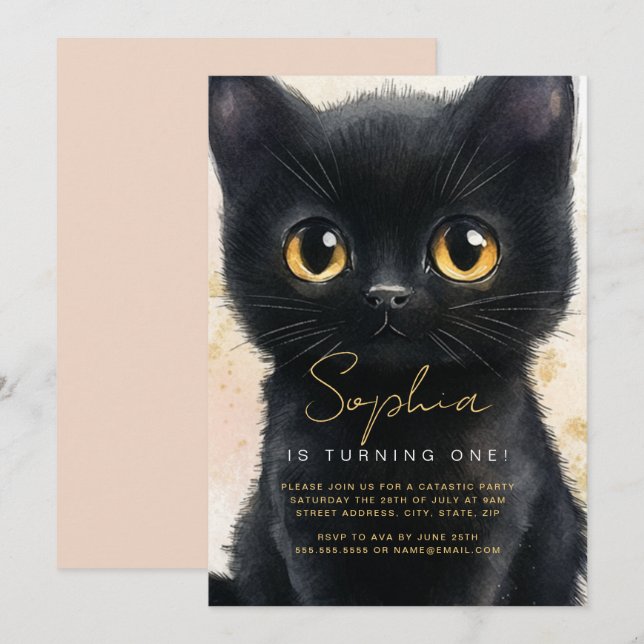 Primeiro Convite para Gato Negro de Aniversário (Frente/Verso)