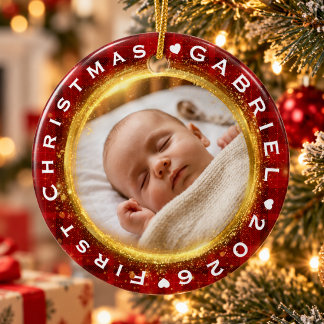 Primeiro Natal do Bebê Vermelho Dourado Enfeite de