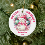 Primeiro Ornamento de Natal do Bebê Snowman Rosa<br><div class="desc">O Primeiro Ornamento de Natal do Bebê Snowman Rosa.</div>