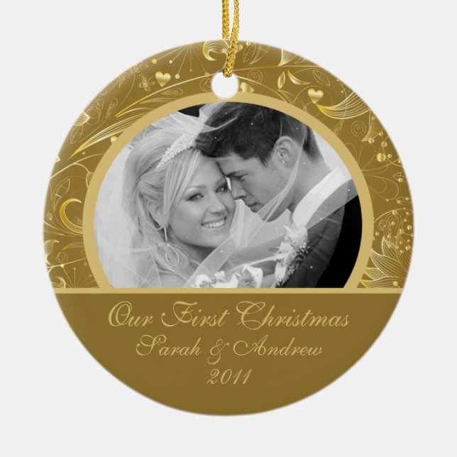 Primeiro ouro do ornamento da foto do Natal floral (Frente)