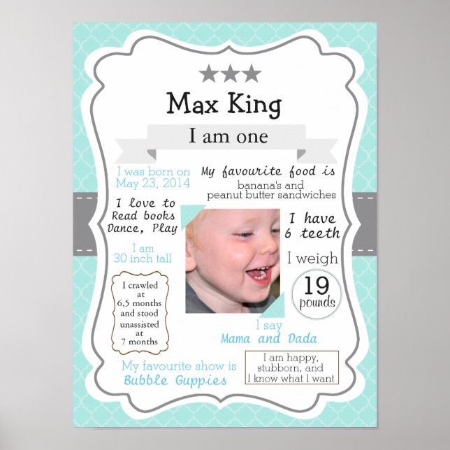 Primeiro poster de aniversário, azul para um menin (Frente)