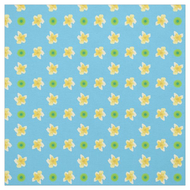 Prímulas e Pontos Verde Polca em Tecido Azul Céu (Modelo)