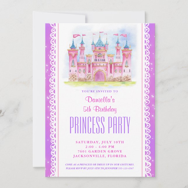 Princesa Castle Birthday - Convite Roxo (Frente)