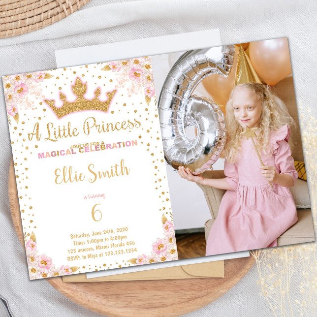 Princesa Coroa - Convites de Aniversário com Foto (Crown Princess Birthday Invitations with photo)
