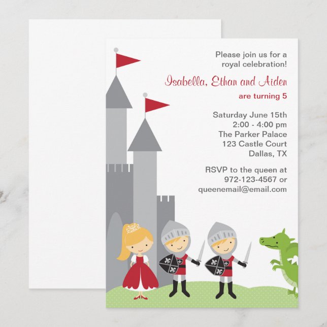 Princesa e Cavaleiros Convites de Aniversário (Frente/Verso)