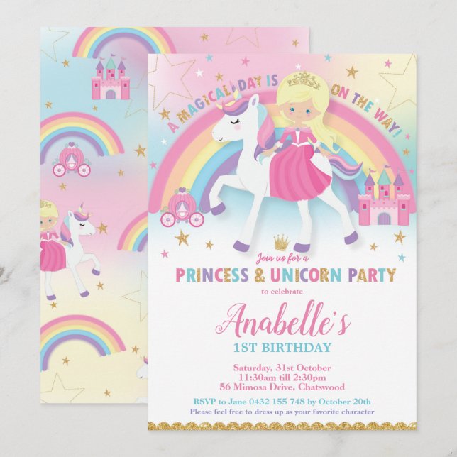 Princesa e Unicórn Aniversário Convites Loura (Frente/Verso)