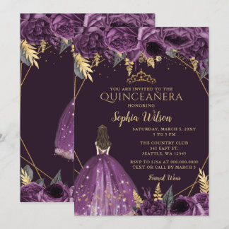 Princesa Floral Dourada Roxa Quinceañera Convite