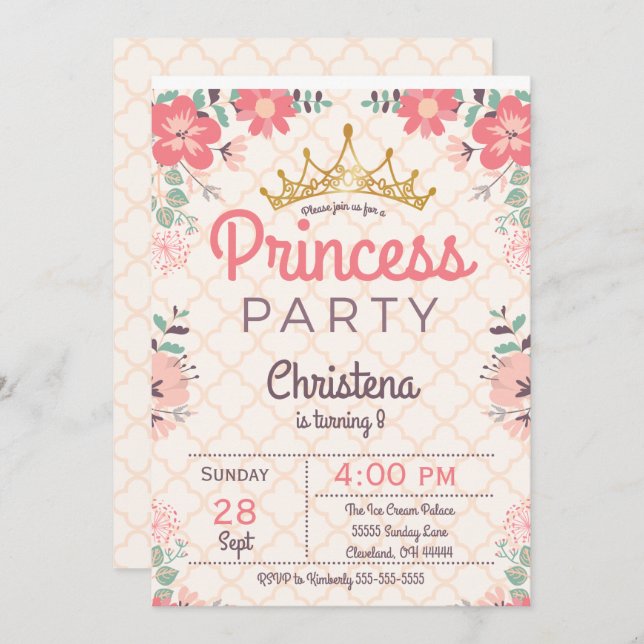 Princesa floral elegante convite de aniversário (Frente/Verso)