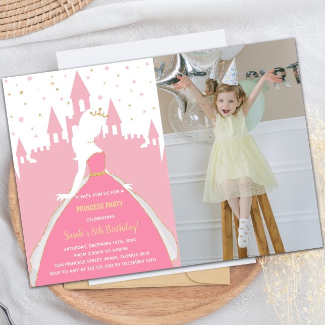 Princesa Rosa - Convites de Aniversário com Foto (Pink Princess Birthday Invitations with photo)